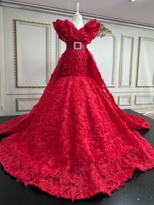 robe 3D fleurie rouge